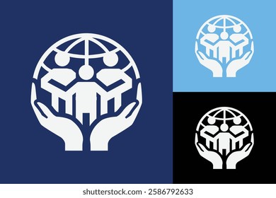 The image shows a flat logo design of abstract people inside a globe with a pair of hands holding them. The logo is in white color and looks clean on a dark blue background.