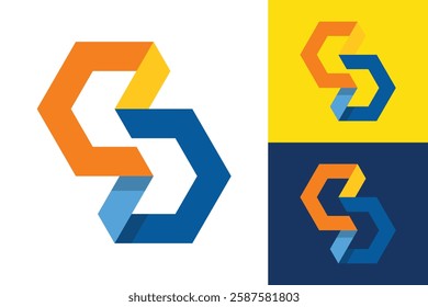 The image shows a flat logo design of an initial letter S that comprises of two opposite arrows in blue and orange color that looks clean and sharp on a white background.