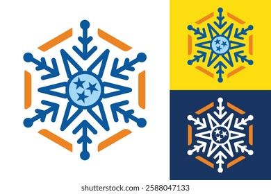 The image shows a flat logo design of an ice crystal snow flake in hexagonal shape with three stars in the center. The logo looks clean and sharp on a white background.