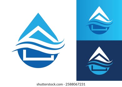 The image shows a flat logo design of a water drop with a house icon in blue color. The logo looks clean and modern on a white background.