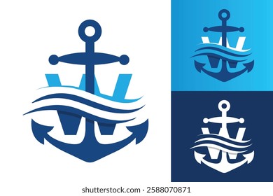 The image shows a flat logo design of an anchor with a letter W in blue color. The logo looks clean and modern on a white background.