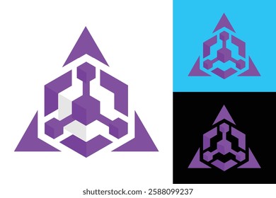 The image shows a flat logo design of a geometrical shape of a hexagon inside a triangle in purple color. The logo symbolizes connectivity and looks clean on a white background.