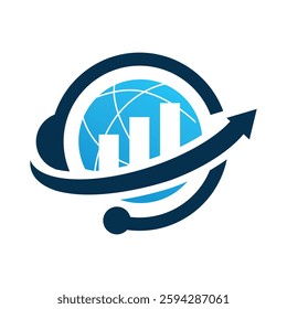 The image shows a flat logo design that depicts a headset with graph bar and arrow on a globe. The image produced without the use of any form of AI software.