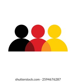 The image shows a flat logo design of three abstract people overlaid together in German flag color black red and yellow. The image produced without the use of any form of AI software.