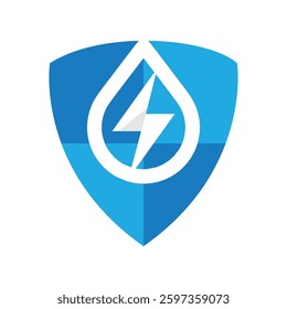 The image shows a flat logo design of blue shield with a water drop icon and a flash sign. The image produced without the use of any form of AI software.