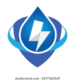 The image shows a flat logo design of blue shield with a water drop icon and a flash sign and a ring. 