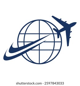 The image shows a flat logo design of an airplane flying through a globe icon with two swooshes in blue. The image produced without the use of any form of AI software.