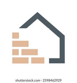 The image shows a flat logo design of a house with half left made of layered brick in brown color on a white background