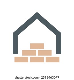 The image shows a flat logo design of a house with bottom half made of layered brick in brown color on a white background