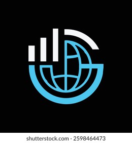 The image shows a flat logo design of an initial letter G in blue color with globe and graph bar that looks clean and sharp on a black background