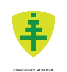 The image shows a flat logo design of an abstract pine tree in green inside a yellow shield. The logo looks clean and sharp on a white background and can be used for environmental related purposes.