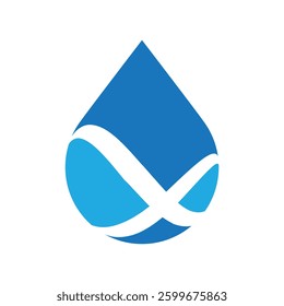 The image shows a flat logo design of a water drop shape with an infinity letter x. The logo looks clean and sharp on a white background.