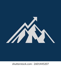 The image shows a flat logo design of a mountain with an upward trend arrow in white color. The logo looks clean and sharp on a dark background and can be used for business related purposes.