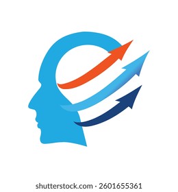 The image shows a flat logo design of a human head with lightbulb shape and three swooping arrows. The logo looks clean on a white background and can be used for psychology related purposes.