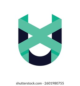 The image shows a flat logo design of a letter UX in modern bold geometric style. The logo looks clean in black and aqua color on a white background.