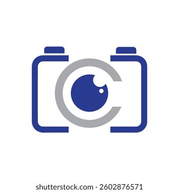 
The image shows a flat logo design of a camera with an eye and a letter C as the camera lens that looks clean in blue and grey color and on white background
