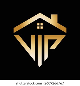 The image shows a flat logo design of letters VIP placed below a house roof. The design looks expensive in gold tone on a black background. It can be used as a logo for housing related purposes. 