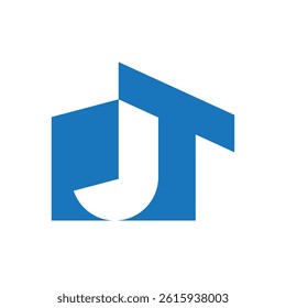 The image shows a flat logo design of letters JT in house building shape in blue color 