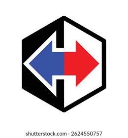 A imagem mostra um design de logotipo plano de uma forma de cubo hexagonal com duas setas em vermelho e azul voltadas para as direções direita e esquerda, respectivamente.