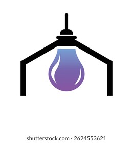 The image shows a flat logo design of a light bulb hanging on an abstract house.