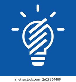 Das Bild zeigt ein flaches Logo-Design einer abstrakten Glühbirne, die hell leuchtet und in einer weißen Farbe auf blauem Hintergrund schön und sauber aussieht