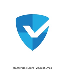 The image shows a flat logo design of a blue shield with a white check mark sign that looks clean and sharp on a white background