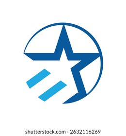 The image shows a flat logo design of a star shape on a circle with three lines sign that looks clean and sharp in blue tones on a white background