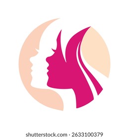 A imagem mostra um design de logotipo plano de mulheres abstratas em forma redonda em tons calmos que parece limpo e tranquilo em um fundo branco para o logotipo do salão de beleza