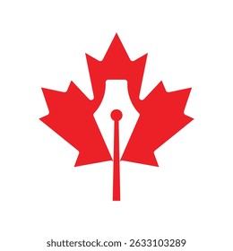 A imagem mostra um design de logotipo plano de uma folha de bordo vermelha canadense com uma caneta branca no centro. O logotipo parece limpo e nítido em um fundo branco e pode ser usado para fins relacionados ao Canadá.