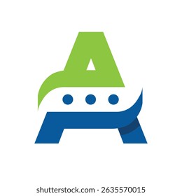 The image shows a flat logo design of an initial letter A in combination with a speech bubble in green and blue color that looks clean and sharp on a white background 