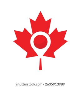The image shows a flat logo design of a red Canadian maple leaf with a drop pin icon on the center that looks clean on a white background