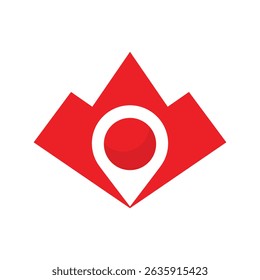 The image shows a flat logo design of a red abstract mountain with a drop pin icon on the center that looks clean on a white background