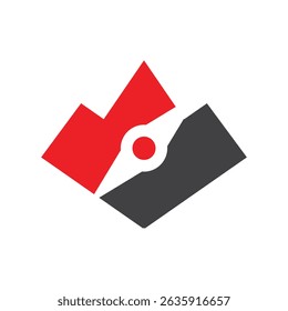 The image shows a flat logo design of a red abstract mountain with a compass needle on the center that looks clean on a white background

