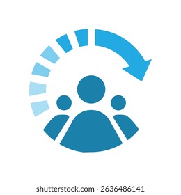 The image shows a flat logo design that depicts three abstract people on an encircling arrow in blue color that looks clean on a white background