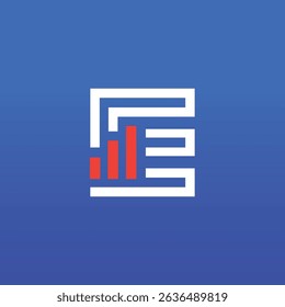 The image shows a flat logo design of an initial letter E in white color with orange graph bar that looks clean and sharp on a blue background. The logo can be used for business related purposes.