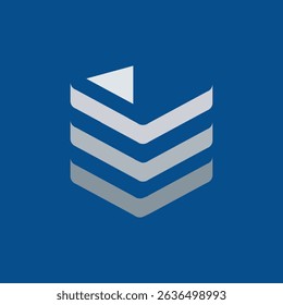 The image shows a flat logo design of an abstract shield shape in stripes in grey color combo in dark background

