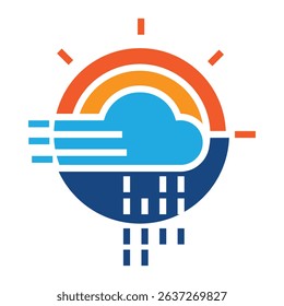 The image shows a flat logo design that depicts various weather elements like rain sun and cloud in colorful tones in round shape. It looks clean on white background and can be used as weather planner