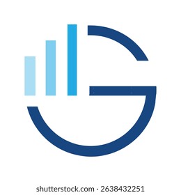 The image shows a flat logo design of a round letter G with a graph bar as an element in blue color that looks clean and sharp on a white background for business and finance related purposes