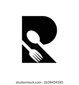 The image shows a flat logo design of an initial letter R with a spoon and a fork as an element in black color that looks clean and sharp on a white background for culinary and cooking related purpose