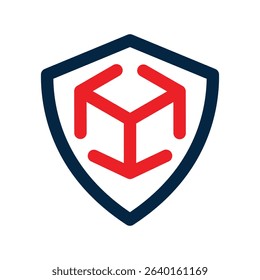 The image shows a flat logo design of shield with three arrows in cube shape in blue and red color that looks clean on a white background