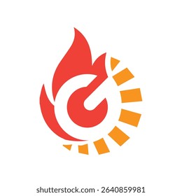 The image shows a flat logo design of a letter G on a flame shape icon in red orange color that looks clean on a white background