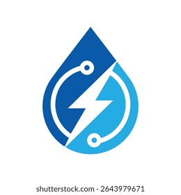 The image shows a flat logo design of a water drop shape with a flash icon in it and a circular node lines in blue color that looks clean and modern on a white background