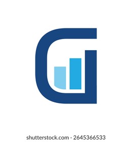 A imagem mostra um design de logotipo plano de uma letra inicial G com uma barra de gráfico em azul que parece limpa e moderna em um fundo branco para fins comerciais e financeiros