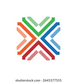 The image shows a flat logo design of an abstract letter X in various colors on a white background 