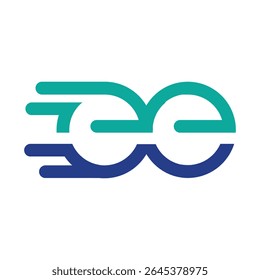 The image shows a flat logo design of an abstract letter ee in lowercase in aqua purple color that looks fast on a white background 