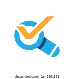 La Imagen muestra un diseño de logotipo plano que representa una lupa en color azul con un ícono de marca de verificación naranja que se ve limpio y moderno sobre un fondo blanco 