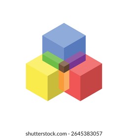 La Imagen muestra un diseño de logotipo plano de tres cubos superpuestos en forma de múltiples colores brillantes que se ve limpio y moderno sobre un fondo blanco 