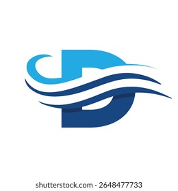 The image shows a flat logo design that depicts a letter D in blue color combination with three wavy lines cut through the letter like a wave that looks clan and modern on a white background
