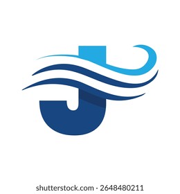 The image shows a flat logo design that depicts a letter J in blue color combination with three wavy lines cut through the letter like a wave that looks clan and modern on a white background
