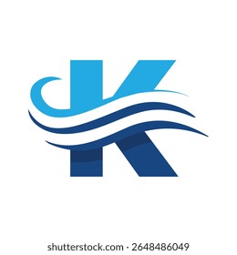 The image shows a flat logo design that depicts a letter K in blue color combination with three wavy lines cut through the letter like a wave that looks clan and modern on a white background
